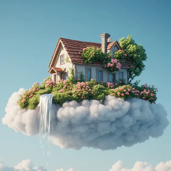 Casa com jardim florido sobre uma nuvem, com uma cachoeira caindo pela borda, no c&eacute;u azul