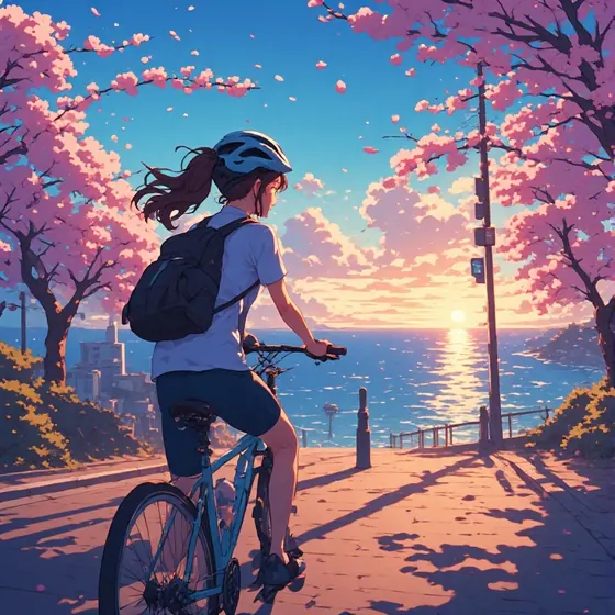 Jovem de capacete pedalando numa rua &agrave; beira-mar ao p&ocirc;r do sol, entre cerejeiras floridas