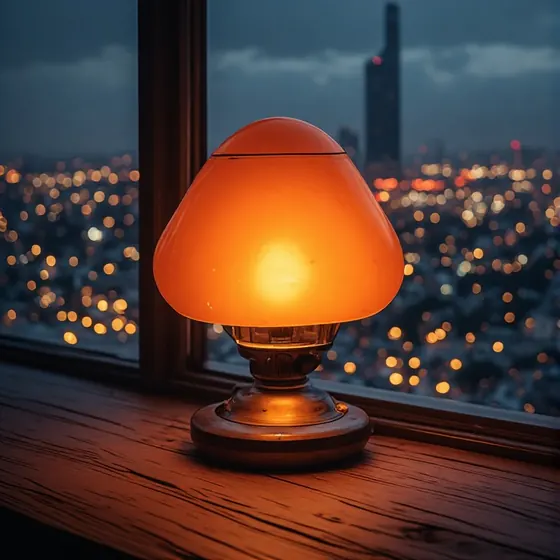 Abajur laranja aceso numa mesa de madeira junto &agrave; janela, com a cidade iluminada &agrave; noite ao fundo