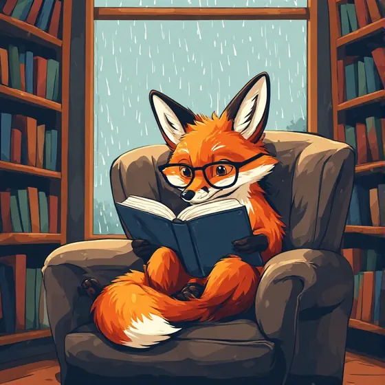 Raposa de &oacute;culos lendo um livro numa poltrona, entre estantes de livros, com chuva na janela