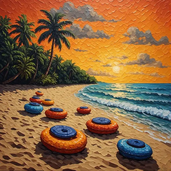 Pintura a &oacute;leo de uma praia ao entardecer, com coqueiros, c&eacute;u alaranjado e boias coloridas na areia