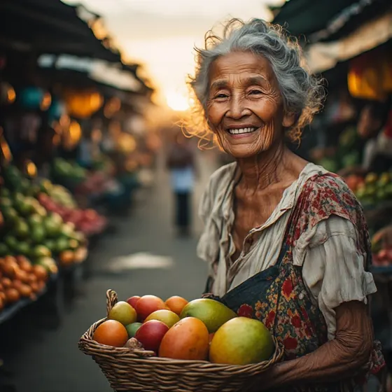 Senhora de cabelos grisalhos sorrindo numa feira, com um cesto de frutas nas m&atilde;os e bancas sob luz dourada ao fundo