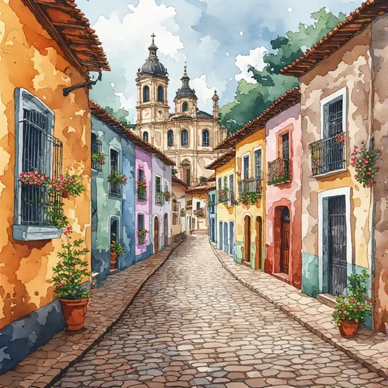 Rua de pedra entre casar&otilde;es coloniais coloridos, com flores nas janelas e uma igreja barroca ao fundo