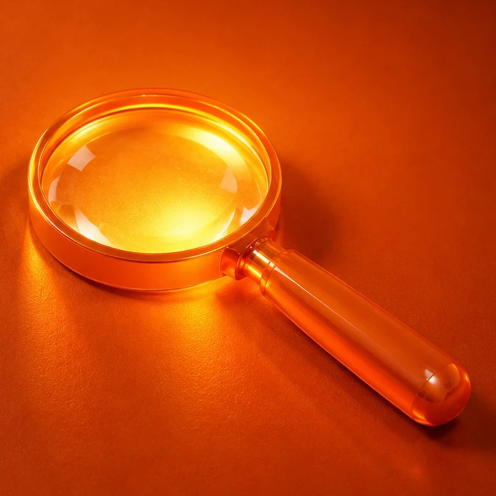 Translucent orange magnifying glass turned into a lamp, lit from within