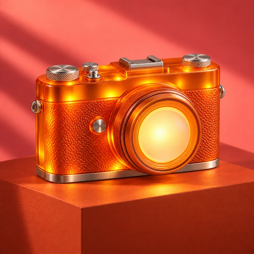 C&acirc;mera fotogr&aacute;fica retr&ocirc; laranja transformada em lumin&aacute;ria, acesa por dentro